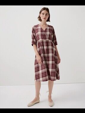 Pact Women's Medium Fireside Flannel Crossover Cotton Dress Burgundy Plaid